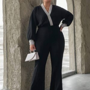 SHEIN GRANDE TAILLE (44/46/50/52) – Combinaison rayée à manches lanterne et jambes larges sans ceinture
