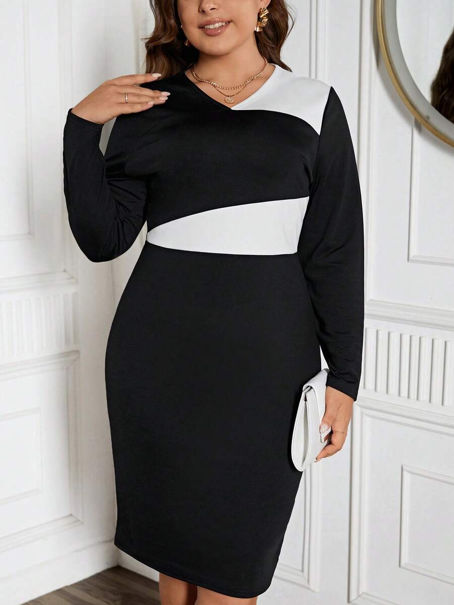 SHEIN GRANDE TAILLE (46/48/50) Robe bicolore à col en V élégante – Image 2