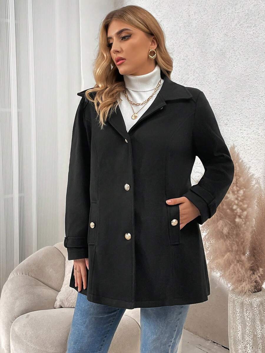 SHEIN GRANDE TAILLE (48/50/52/54) Manteau élégant à col rabattu dentelé et boutons frontaux